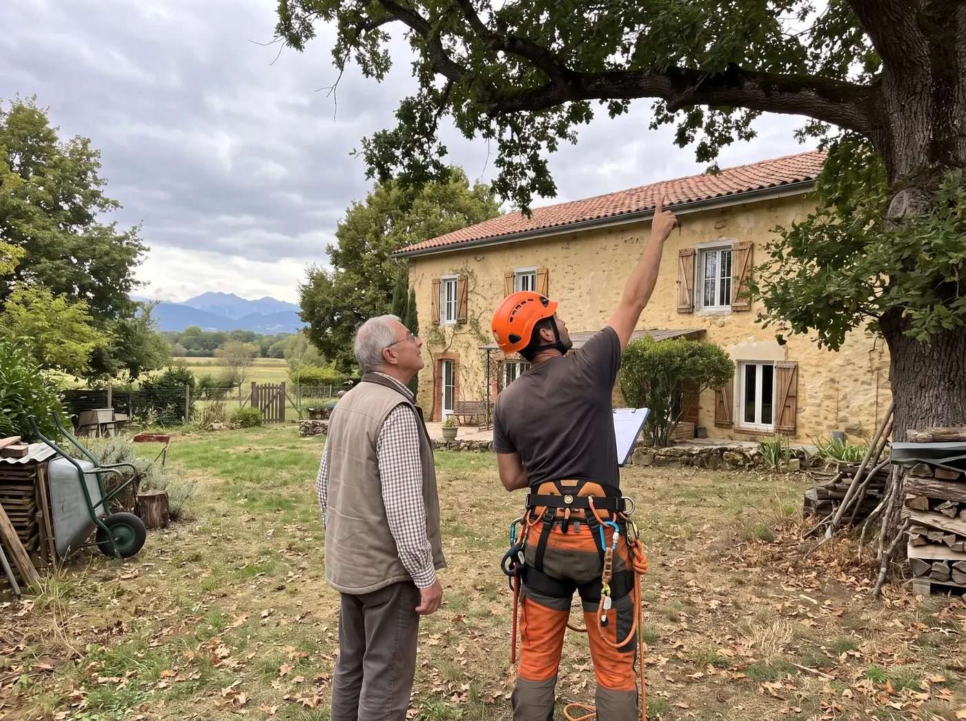 L'élagueur explique l'intervention au propriétaire, sous l'arbre