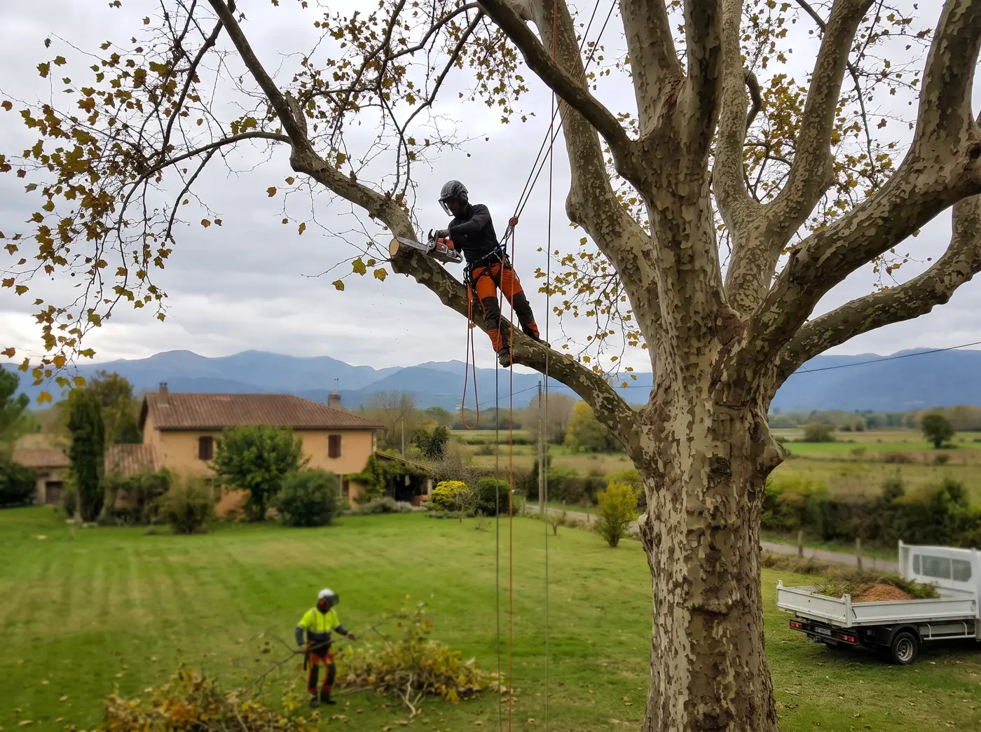 Élagueur dans l'arbre et ramassage des branches au sol